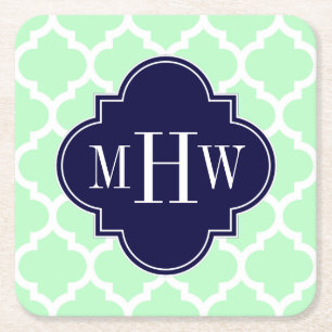 Mint WhMarokkaanse marineblauw 3 Initiaal monogram Kartonnen Onderzetters