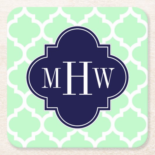 Mint WhMarokkaanse marineblauw 3 Initiaal monogram Kartonnen Onderzetters (Voorkant)