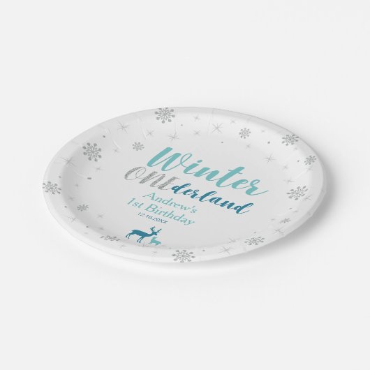 Mint Winter Onederland Boy 1st Birthday Party Papieren Bordje (Gekanteld)