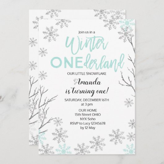 Mint Winter ONEderland Snow Birthday Invite Kaart (Voorkant / Achterkant)