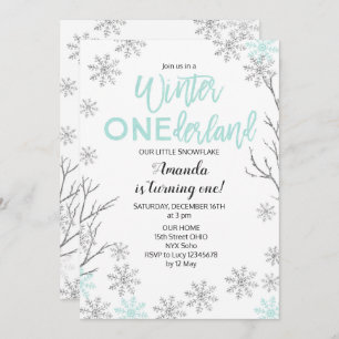 Mint Winter ONEderland Snow Birthday Invite Kaart