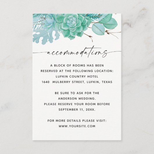 Mint winter vetplanten bruiloft accommodaties informatiekaartje (Voorkant)