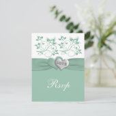 Mint, wit AFGEDRUKTE RIBBON Floral Reply Kaart (Staand voorkant)