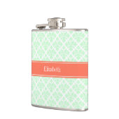 Mint Wit Damask #3 Koraal Naam Monogram Heupfles (Links)