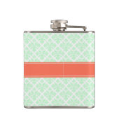 Mint Wit Damask #3 Koraal Naam Monogram Heupfles (Achterkant)