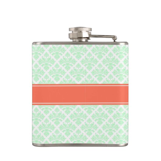 Mint Wit Damask #3 Koraal Naam Monogram Heupfles (Achterkant)