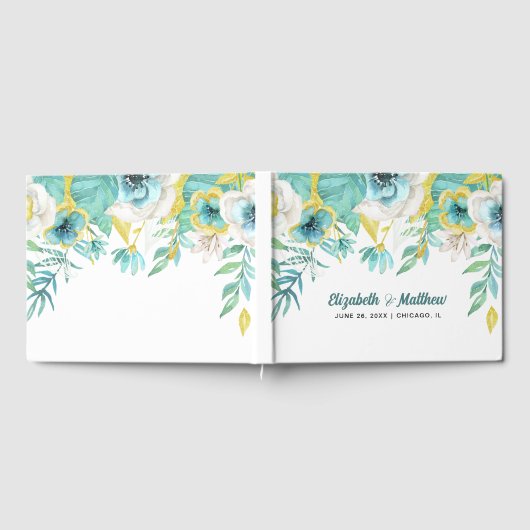 Mint Wit | Geel Bloemen Waterverf Bruiloft Gastenboek (Volledig)