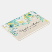 Mint wit geel bloemenjute textuur bruiloft gastenboek (Hoek)