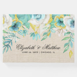 Mint wit geel bloemenjute textuur bruiloft gastenboek