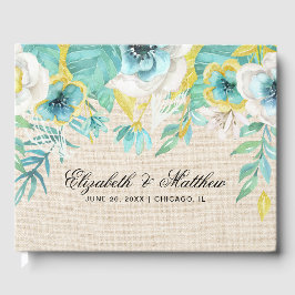 Mint wit geel bloemenjute textuur bruiloft gastenboek