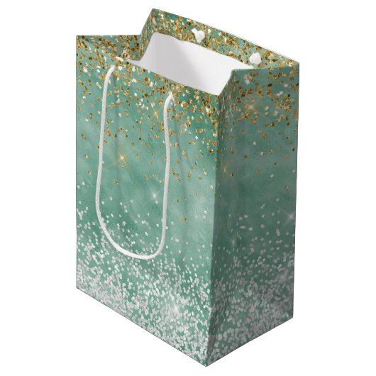 Mint wit glam gouden fonkeling glitter medium cadeauzakje (Voorkant Gekanteld)