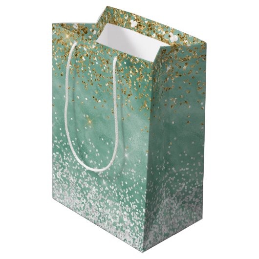 Mint wit glam gouden fonkeling glitter medium cadeauzakje (Achterkant Gekanteld)