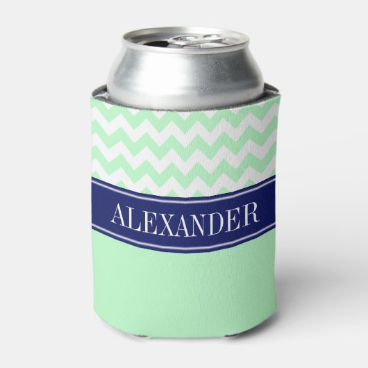 Mint Witte Chevron CB Navy Naam Monogram Blikjeskoeler (Blikje Voorkant)