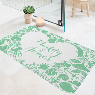 Mint & Witte Zeewezens Koppels Hart Monogram Badmat