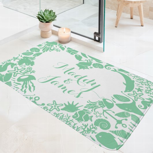 Mint & Witte Zeewezens Koppels Hart Monogram Badmat