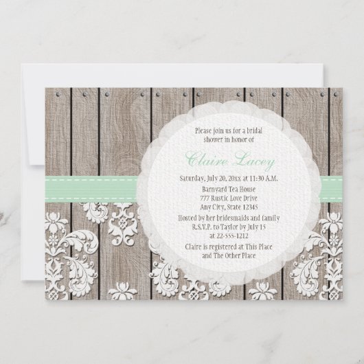 Mint Wood Rustic Bridal Shower Invitations Kaart (Voorkant)
