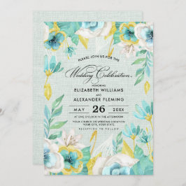 Mint Yellow Floral Burlap Wedding Kaart