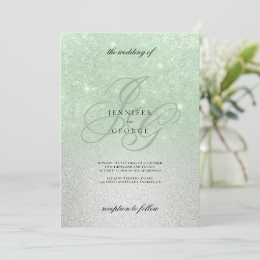 Mint zilver monogram initiaal ombre glitter bruilo kaart (Staand voorkant)