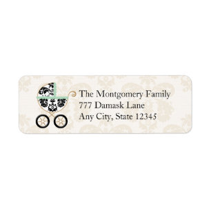 MINT ZWART DAMASK BABY CARRIAGE RETURN ADRES ETIKET