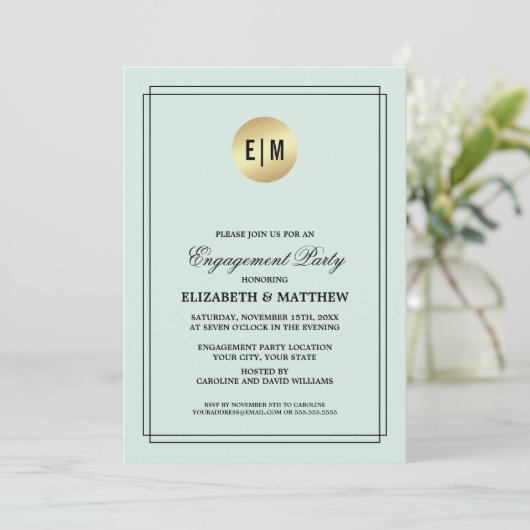 Mint, zwart, Gold Foil Engagement Party - Uitnodig Kaart (Staand voorkant)