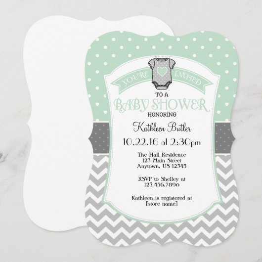 Mintgrijze Stip Chevron Baby Shower Uitnodiging (Voorkant / Achterkant)