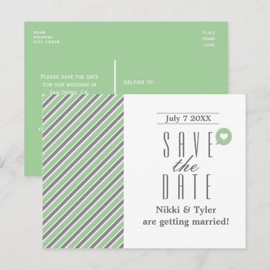 Mintgrijze & witte moderne Save The Date-briefkaar Aankondigingskaart (Voorkant / Achterkant)