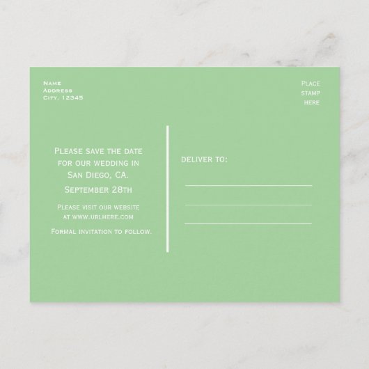 Mintgrijze & witte moderne Save The Date-briefkaar Aankondigingskaart (Achterkant)