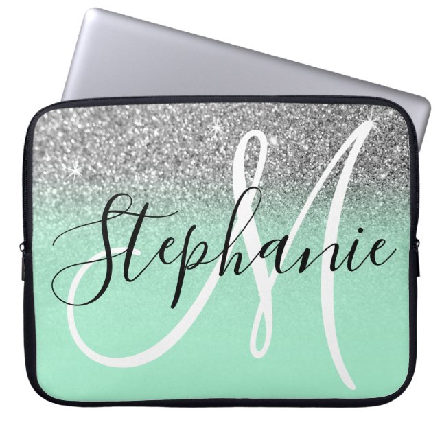 Mintgroen en zilver glitter ombré monogram laptop sleeve (Voorkant)