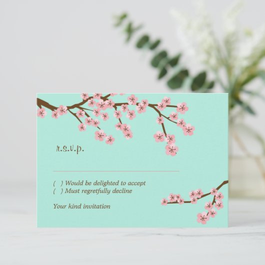 Mintgroen & Roze Kersenbloesem Modern RSVP (Staand voorkant)