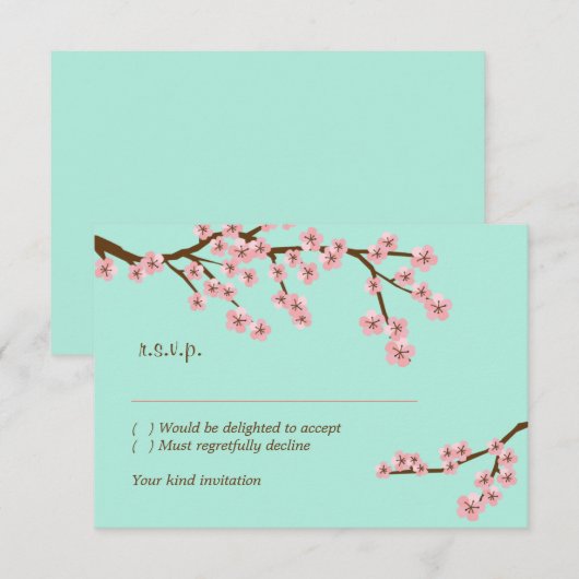 Mintgroen & Roze Kersenbloesem Moderne RSVP Kaartje (Voorkant / Achterkant)