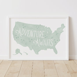 Mintgroene Avontuur Wacht US Kaart Kinderkamer Dec Poster