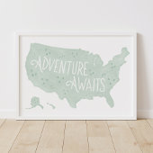 Mintgroene Avontuur Wacht US Kaart Kinderkamer Dec Poster