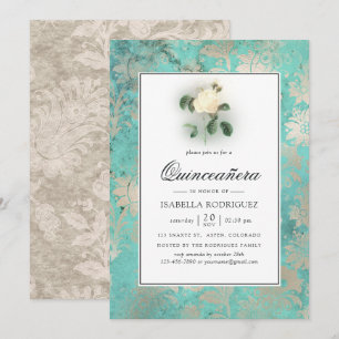 Mintgroene en parelmoer bloemendamask Quinceañera Kaart