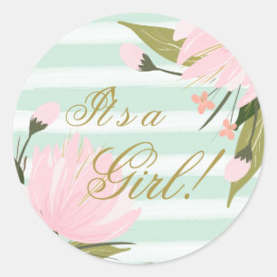 Mintgroene en roze babyshower ronde sticker