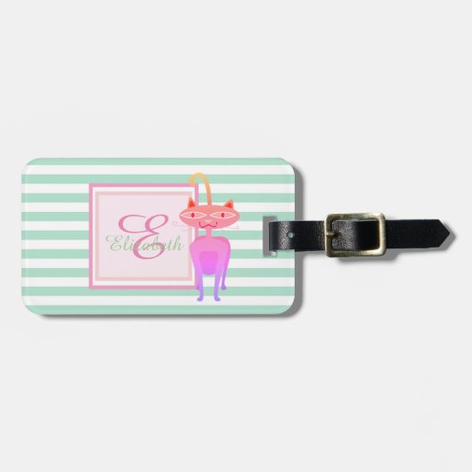 Mintgroene gestreepte monogram, kat - gepersonalis bagagelabel (Voorkant horizontaal)