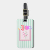 Mintgroene gestreepte monogram, kat - gepersonalis bagagelabel (Voorkant verticaal)
