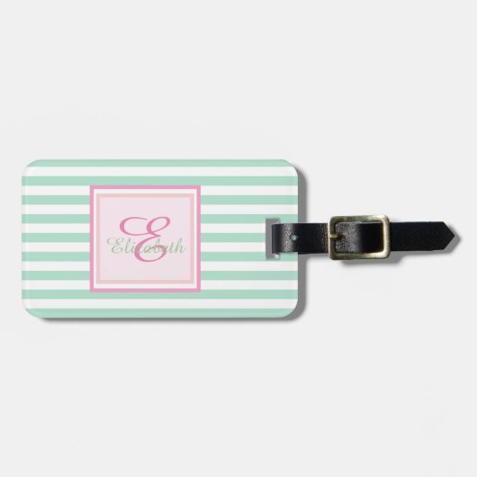 Mintgroene gestreepte Monogram- Persoonlijk Bagagelabel (Voorkant horizontaal)