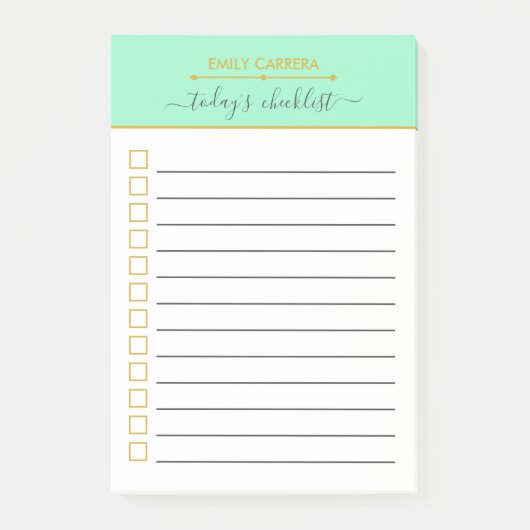 Mintgroene Gouden Checklist Gepersonaliseerde Take Post-it® Notes (Voorkant)