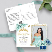 Mintgroene & gouden tiara Quinceañera fotokaart