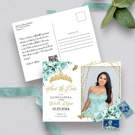 Mintgroene & Gouden Tiara Quinceañera-fotokaart Briefkaart