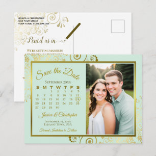 Mintgroene & gouden trouw save date kalender foto aankondigingskaart
