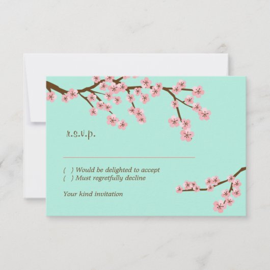 Mintgroene & Roze Kersenbloesem Moderne RSVP Kaartje (Voorkant)