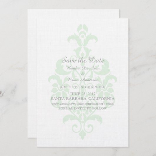 Mintgroene Subtle Damask Save the Date Uitnodiging (Voorkant / Achterkant)