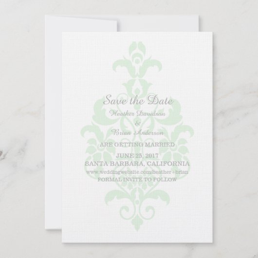 Mintgroene Subtle Damask Save the Date Uitnodiging (Voorkant)