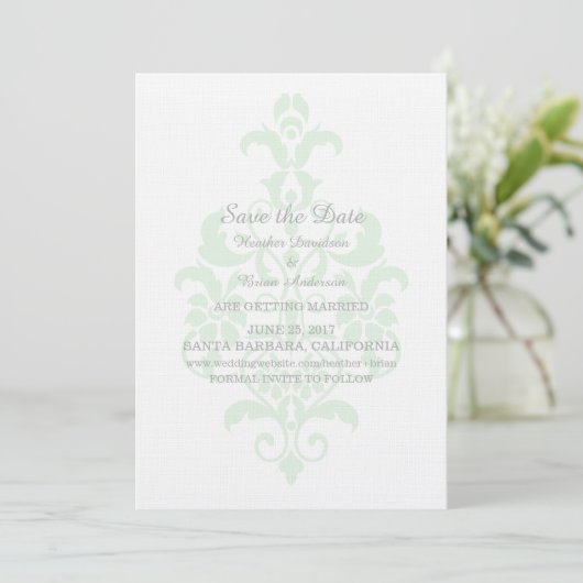 Mintgroene Subtle Damask Save the Date Uitnodiging (Staand voorkant)