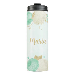 mintgroene witte bloemen gouden bloemmotief thermosbeker