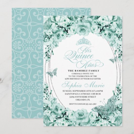 Mintgroene zilveren bloemenkroon Quinceanera Kaart (Voorkant / Achterkant)