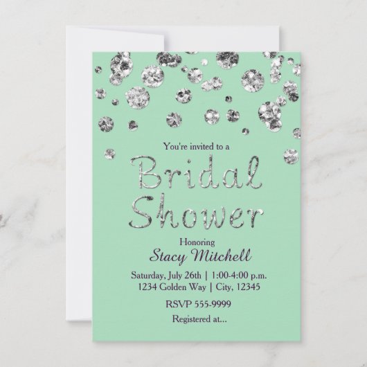 Mintgroene zilveren glitter bruiloftsshower uitnod kaart (Voorkant)