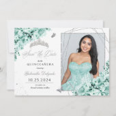 Mintgroene zilveren Quinceañera Save The Date-foto Kaart (Voorkant)
