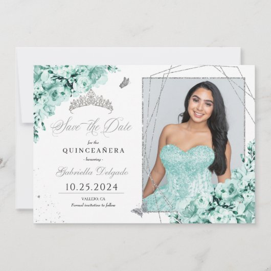 Mintgroene zilveren Quinceañera Save The Date-foto Kaart (Voorkant)